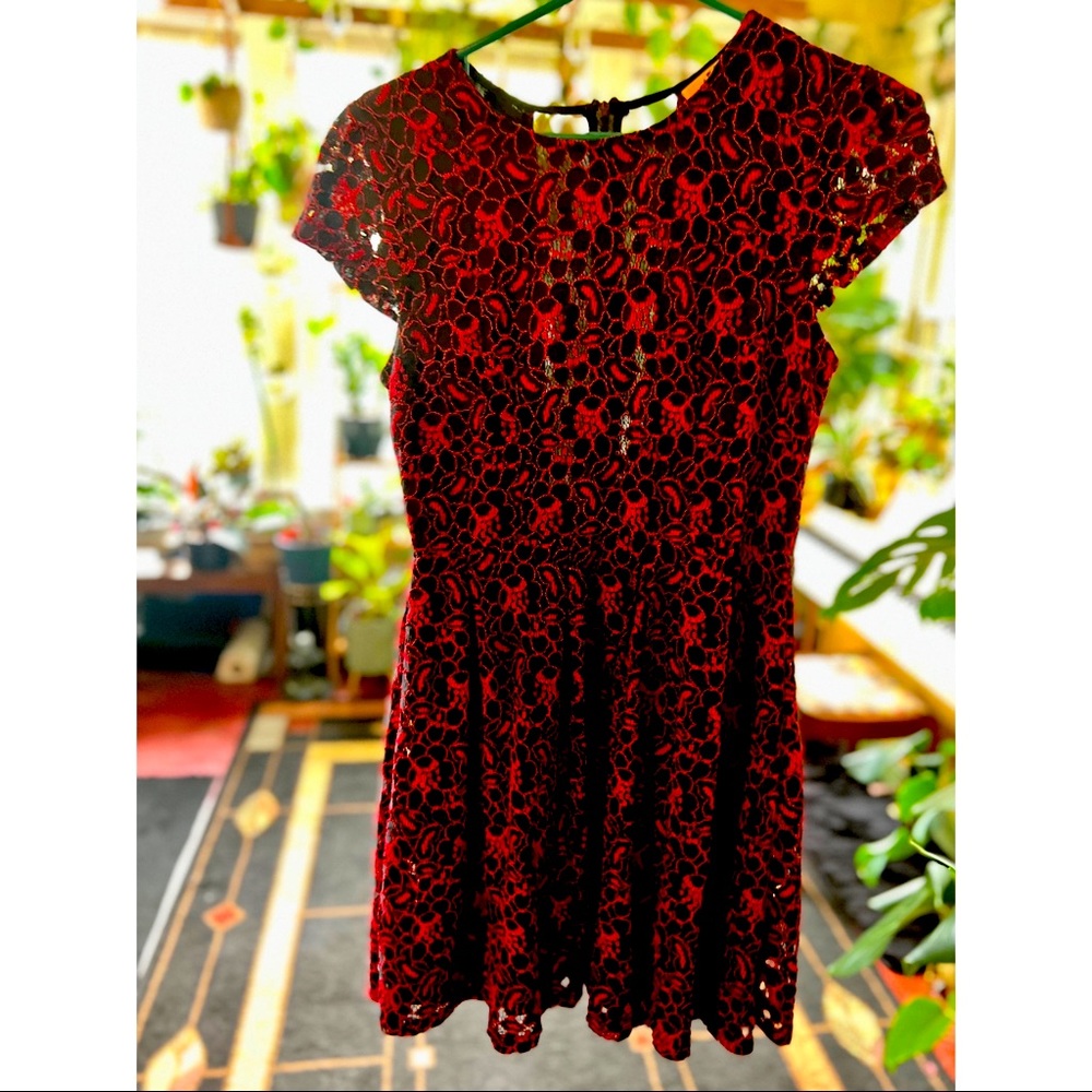 Leola couture dress, red and black lace, mesh back. Never worn. Size M.